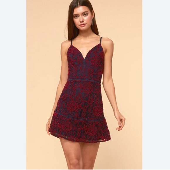 ADELYN RAE NAVY RED EMBROIDERED LACE SLEEVELESS FIT & FLARE COCKTAIL DRESS -  M - Picture 1 of 11